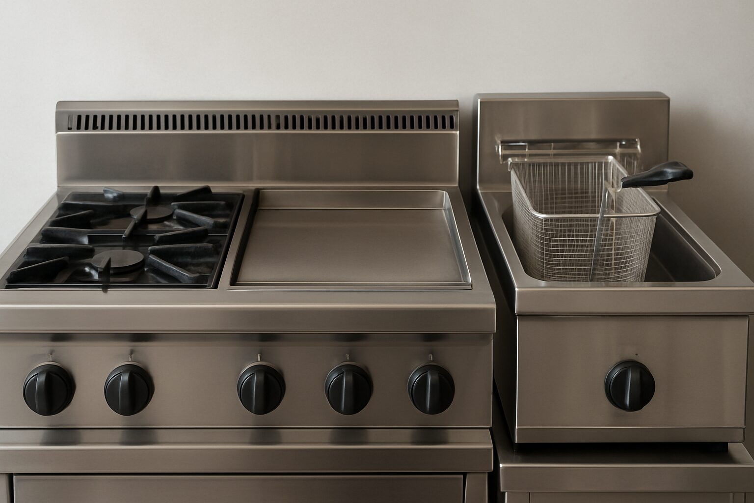 Close-up of a commercial kitchen stove and fryer equipment