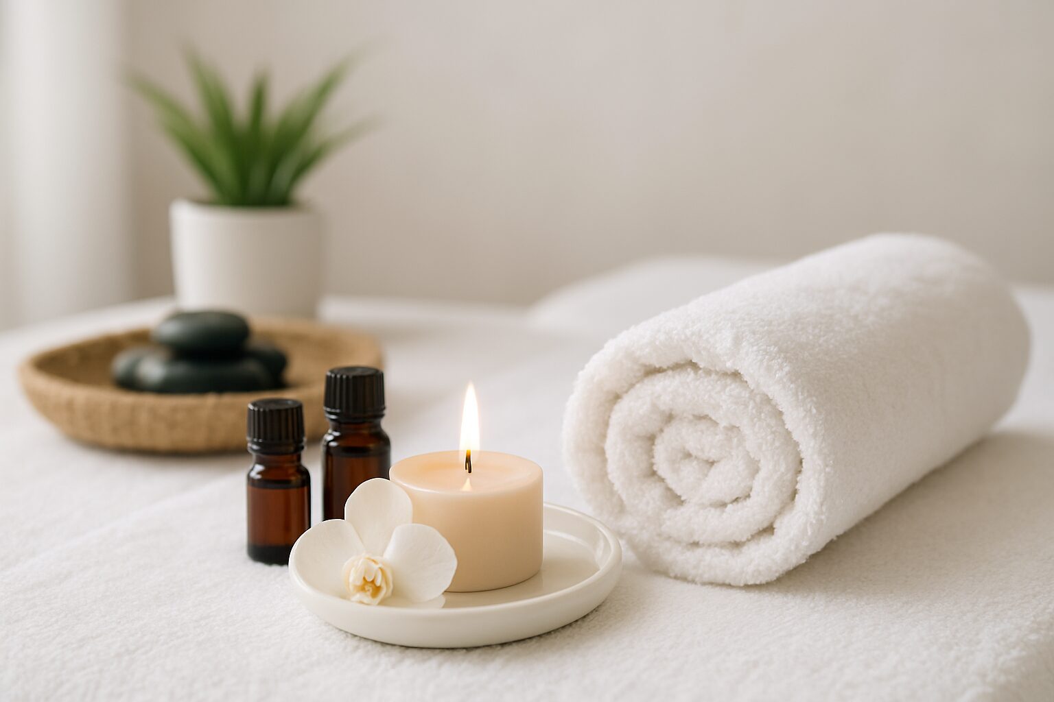 A relaxing massage setup with rolled towel, essential oils, a candle, and smooth stones on a soft surface.